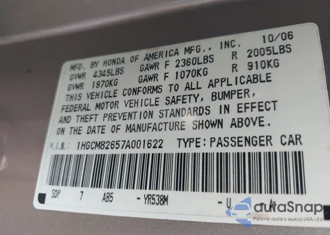 2007 Honda Accord 3.0 Ex from USA, damaged, VIN 1HGCM82657A001622